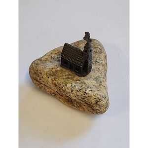 Vintage miniature metal Christian Church mounted on a stone‎ trinket figurine